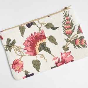 White Burgundy Floral Linen Clutch bag Boho wedding Zippered Purse Essentials bag image 3