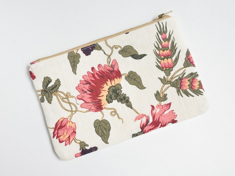 White Burgundy Floral Linen Clutch bag Boho wedding Zippered Purse Essentials bag image 3