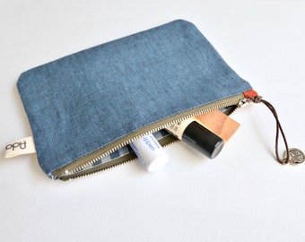 Steel Blue Linen Flat Zip Pouch - ID Pouch, Cards, Document Case - Carry all, Essentials pouch