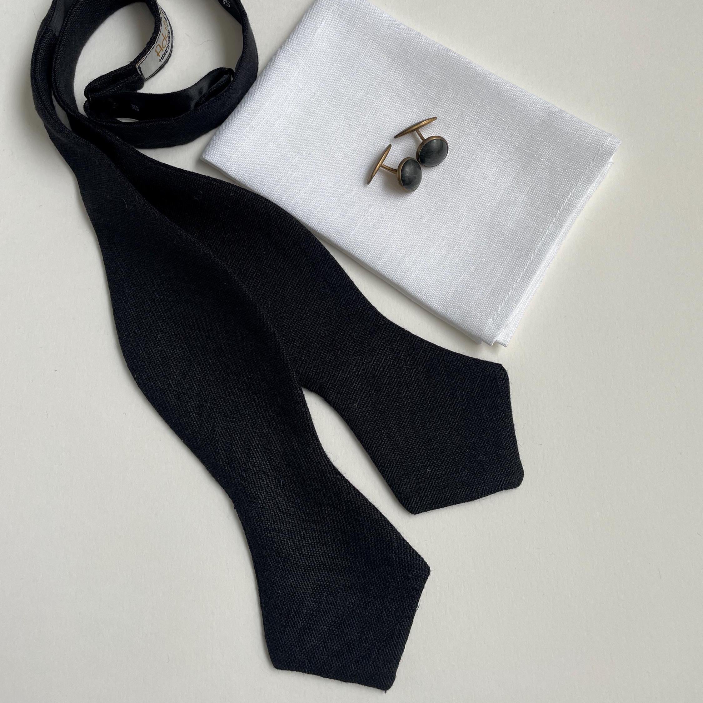 Black Linen Self tied Bow Tie - Men Tuxedo Bowtie with satin sizing ribbon- Formal event Diamond Point, Butterfly Bowtie