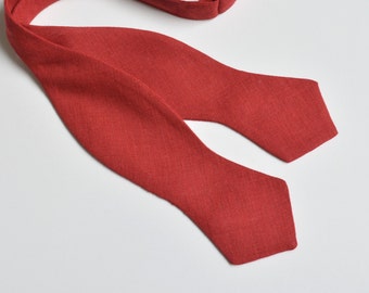 Red Linen Self Tie Bow Tie - Groom's Bowtie - Free style Bow tie