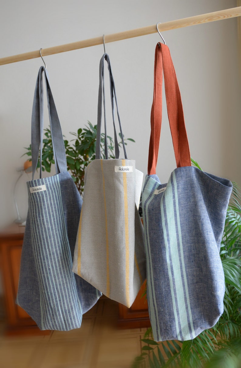Large blue striped linen canvas shopper bag Beach Bag Market bag with long straps