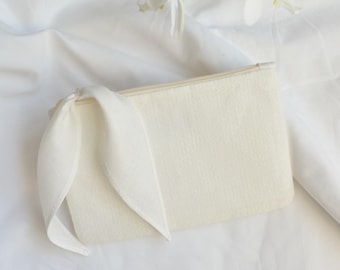 White Jacquard Linen Boho Brides Clutch Bag - Rustic Wedding Purse - Ivory Zippered Purse