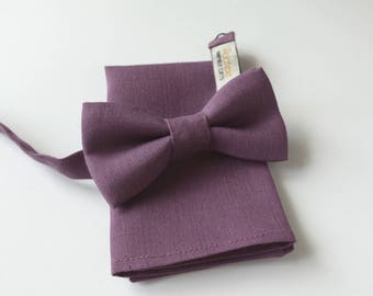 Wisteria, Plum Linen Bowtie - Purple Groom's, Groomsmen Bowties - Purple Wedding - Purple Bowtie and Pocket Square