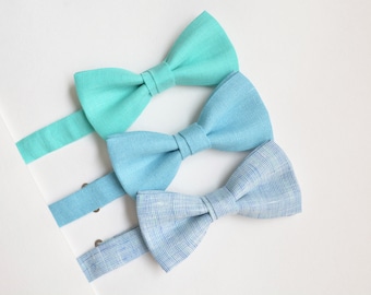 Turquoise Blue Linen Bow Tie - Beach wedding bow ties - Groomsmen bow ties - Aqua Blue Boys bow tie