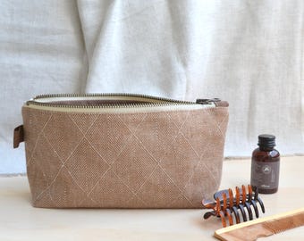 Medium size, Rustic Brown Jacquard Linen Travel Organizer Makeup Cosmetics Bag for Women
