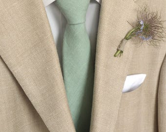 Pastel Sage Mint Green Linen Necktie, Pocket Square, Bowtie for Wedding, Prom, Formal Outfit