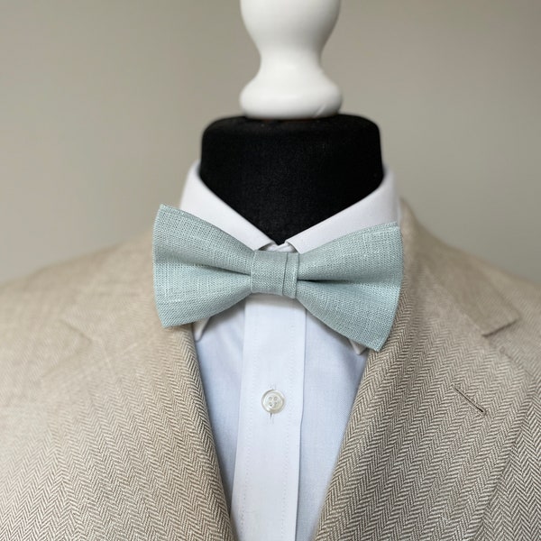 Dusty Sage Green Linen Bowtie and pocket squares for Groomsmen - Wedding Ring bearer bow tie - Dad Son Bow tie