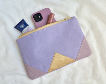 Lavender Purple Gold Wedding Clutch bag - Linen Minimalist Brides, Bridesmaid pouch gift - Prom clutch