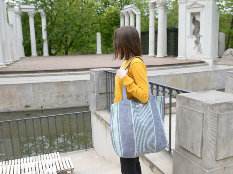 Large blue striped linen canvas shopper bag Beach Bag Market bag with long straps
