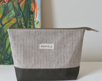 Large Lightweight Travel Linen Zip Toiletries Bag - Unisex Vegan Dopp kit - Medicine Organizer Pouch