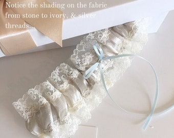Antique Ivory, Stone Ombre & Silver Wedding Garter - Tiny Blue Bow - Boho Bride Garter - Country Barn - Delicate and Dainty - Silver Threads