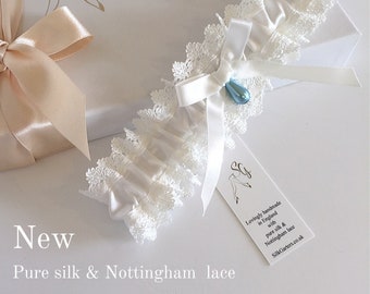 Pure Silk Natalya wedding garter blue pearl - Dainty Little Ivory Nottingham Lace garter - Handmade in England - Vintage Garter, Boho Garter