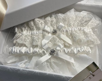 Lovely Reviews! Lace Wedding Garter Set Ivory - Gorgeous Silk Ruffle - Handmade in England - Exclusive Nottingham Lace - Luxury Shower Gift