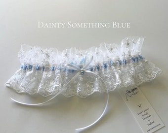 Dainty Tulle Something Blue Heart Wedding Garter - White Organza Ruffle - blue Embroidery & Pearl - Boho Garter - Bride Gift - Bridal Shower