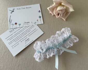 Pretty Classic White Lace Wedding Garter - Blue Bow & Crystal - Boho Bride Gift - Shower Gift - Delicate and Dainty - Silver Crystal