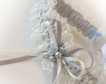 Pure Silk - Pretty Vintage Silver Wedding Garter - Ivory Lace - Pearls Posy - Handmade in England - Nottingham Lace - Brides Shower Gift UK