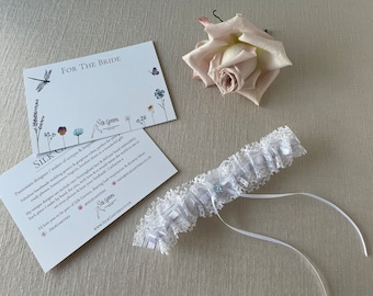 Pretty Narrow White Lace Wedding Garter - White Bow & Flower - Boho Bride Gift - Shower Gift - Delicate and Dainty - Silver Thread