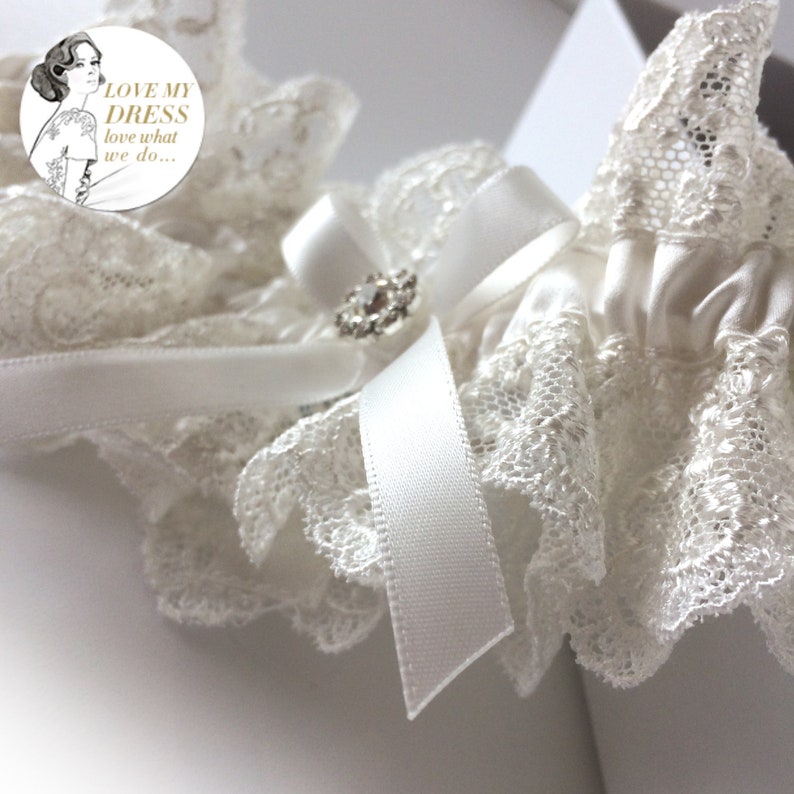 Heirloom Lace Wedding Garter Set Ivory Gorgeous Silk Ruffle Unique Handmade in England Exclusive Nottingham Lace Royal Wedding UK image 4