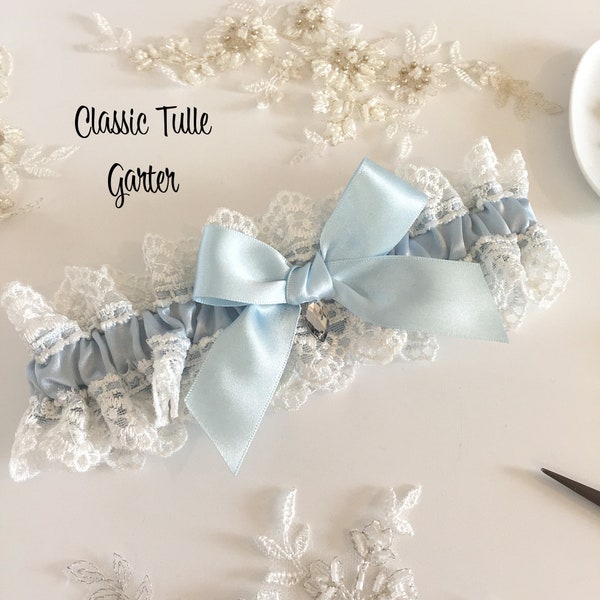 A Classic Something Blue Wedding Garter - Ivory Tulle and Blue Satin Ruffle - Blue Bow & Crystal - Boho Garter - Traditional Bridal Garter