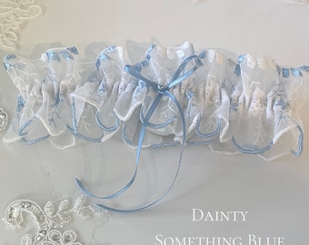 Blue Bow Dainty Tulle Something Blue Wedding Garter - White Organza Ruffle - Blue Embroidery & Pearl - Boho - Bride Gift - Bridal Shower