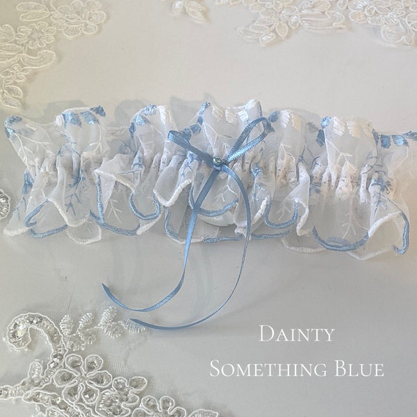 Blue Bow Dainty Tulle Something Blue Wedding Garter - White Organza Ruffle - Blue Embroidery & Pearl - Boho - Bride Gift - Bridal Shower