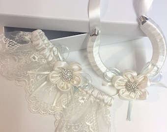 Heirloom Ayana Wedding Garter Set, embroidered French tulle Lace - lucky wedding horseshoe - handmade silk flowers Includes Luxury Gift Box,