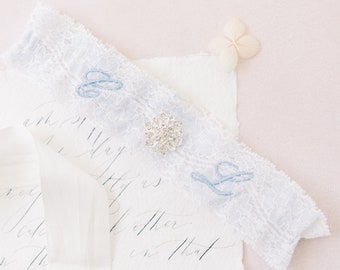 Gorgeous Something Blue! Modern Flat Lace Wedding Garter - Extra Text - Personalised with Initials - Shower Gift - Boho - Unique Bride Gift