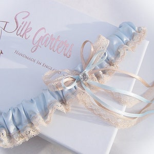 Just so Dainty Heirloom Wedding Garter in Nude Lace & Blue Satin Crystal Boho Garter Vintage garter Shower Gift Gift for Bride image 1