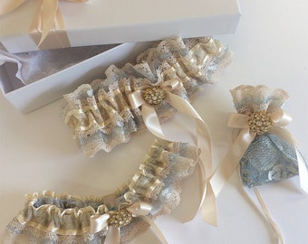 Unique Heirloom Wedding Garter Set. 'The Decadent Nottingham Lace Layers' Vintage Wedding Garter Set. Penny Bag, Luxury Gift Box