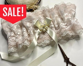 SALE Vintage Wedding Garter - Alternative Ivory Lace Ruffle - Pearl Crystal - Boho Garter - Unique Victoriana - Bride Shower Gift - Luxury