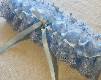 A Classic Something Blue Wedding Garter - Blue Tulle and Satin Edge Ribbon Ruffle - Blue Bow & Crystal - Traditional Bridal Shower Garter