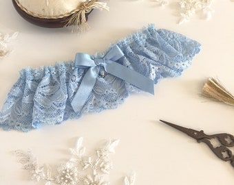 Belle jarretière de mariage en dentelle douce 'Something Blue', avec nœud bleu et cristal, jarretière boho, strumpfband hochzeit