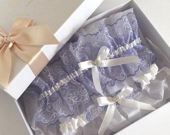 Classic Heirloom Brides 'Something Blue - Wedding Garter Set - Lavender Blue Tulle and Silk Ruffle - Bow & Crystal - Boho Garter Shower Gift