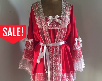 Sample Sale! Red Negligee Set! Feminine Set - Satin Nightgown - Frilly Sleeves - bridal Gown - Manchester United - honeymoon lingerie  Gift