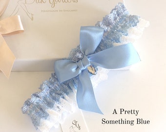Crochet Lace Pretty Something Blue Wedding Garter Hali, with blue ribbon & Crystal, Boho Garter, unique wedding garter, strumpfband hochzeit
