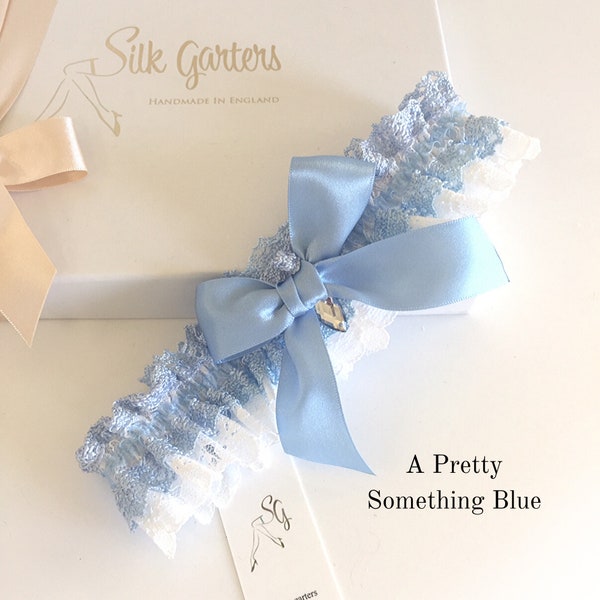 Crochet Lace Pretty Something Blue Wedding Garter Hali, with blue ribbon & Crystal, Boho Garter, unique wedding garter, strumpfband hochzeit