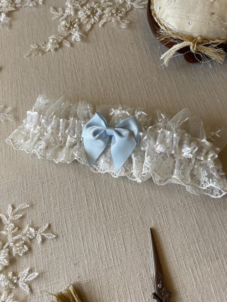Blue Bow Dainty Tulle Something Blue Wedding Garter - Ivory Organza Ruffle - Gift For Bride - Embroidered Tulle - Bride Gift - Bridal Shower