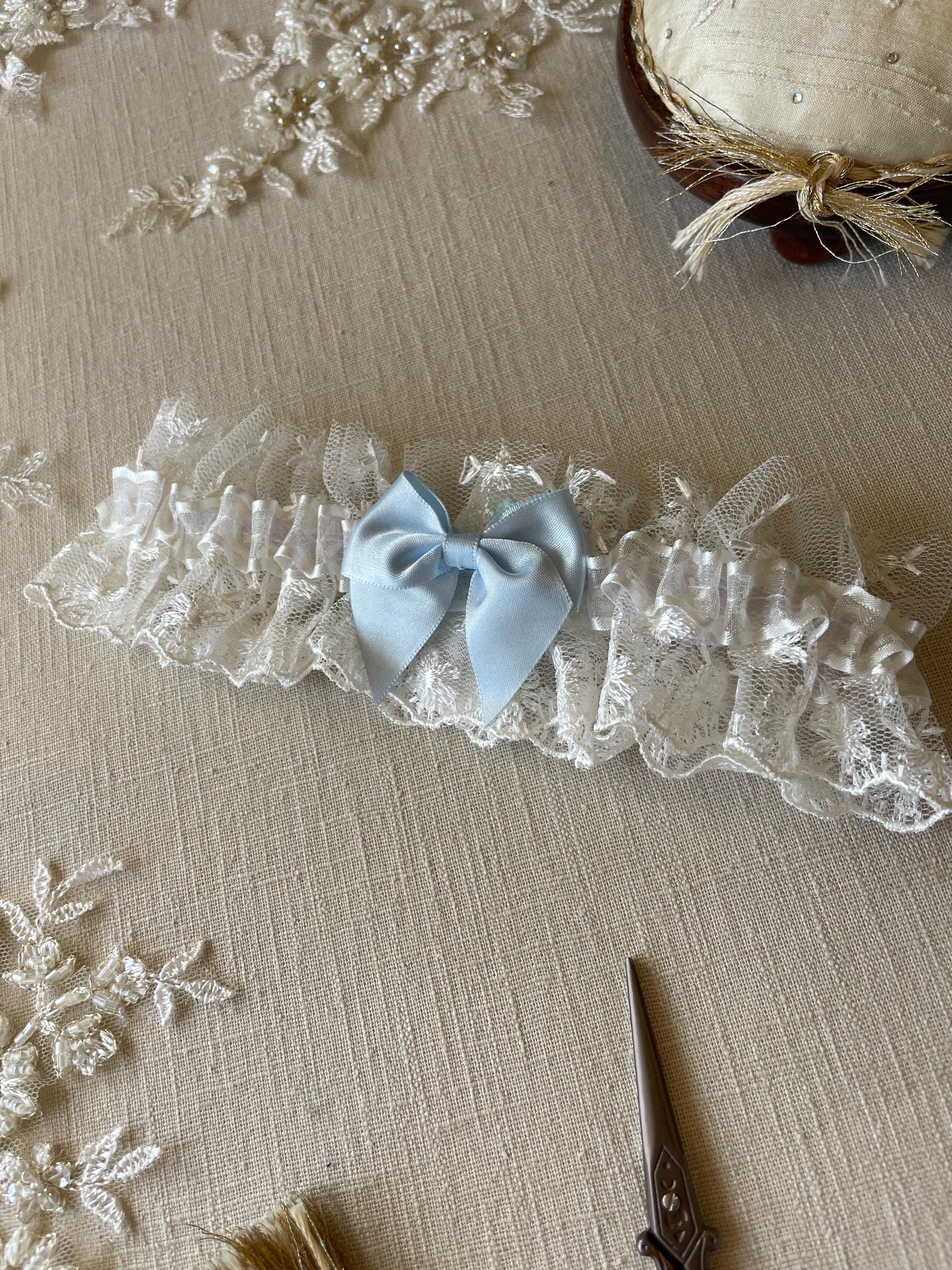 Blue Bow Dainty Tulle Something Blue Wedding Garter - Ivory Organza Ruffle - Gift For Bride - Embroidered Tulle - Bride Gift - Bridal Shower