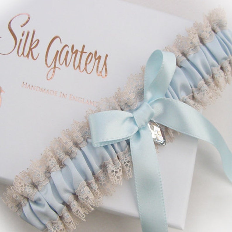 Classic Design Wedding Garter in Nude Lace & Blue Satin Pretty Crystal Dainty Narrow Boho Garter Vintage garter Brides Garter Gift image 1