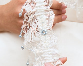 Unique Heirloom French lace wedding garter - 'Luna' Baby Blue Swarovski pearls, dripping from luxury ivory lace - Gorgeous Shower Gift