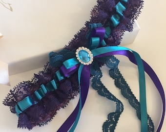 Purple and Teal Wedding Garter, Just so Dainty! with a crystal, Boho Garter, Vintage garter, wedding garters, steampunk strumpfband hochzeit