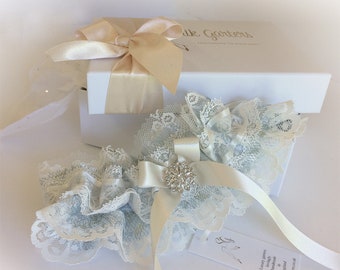 Lovely Reviews! Vintage Wedding Garter - Layers of Ivory & Blue Lace - Ruffled ribbon Pretty Crystal - Boho Garter - Unique Wedding Garter