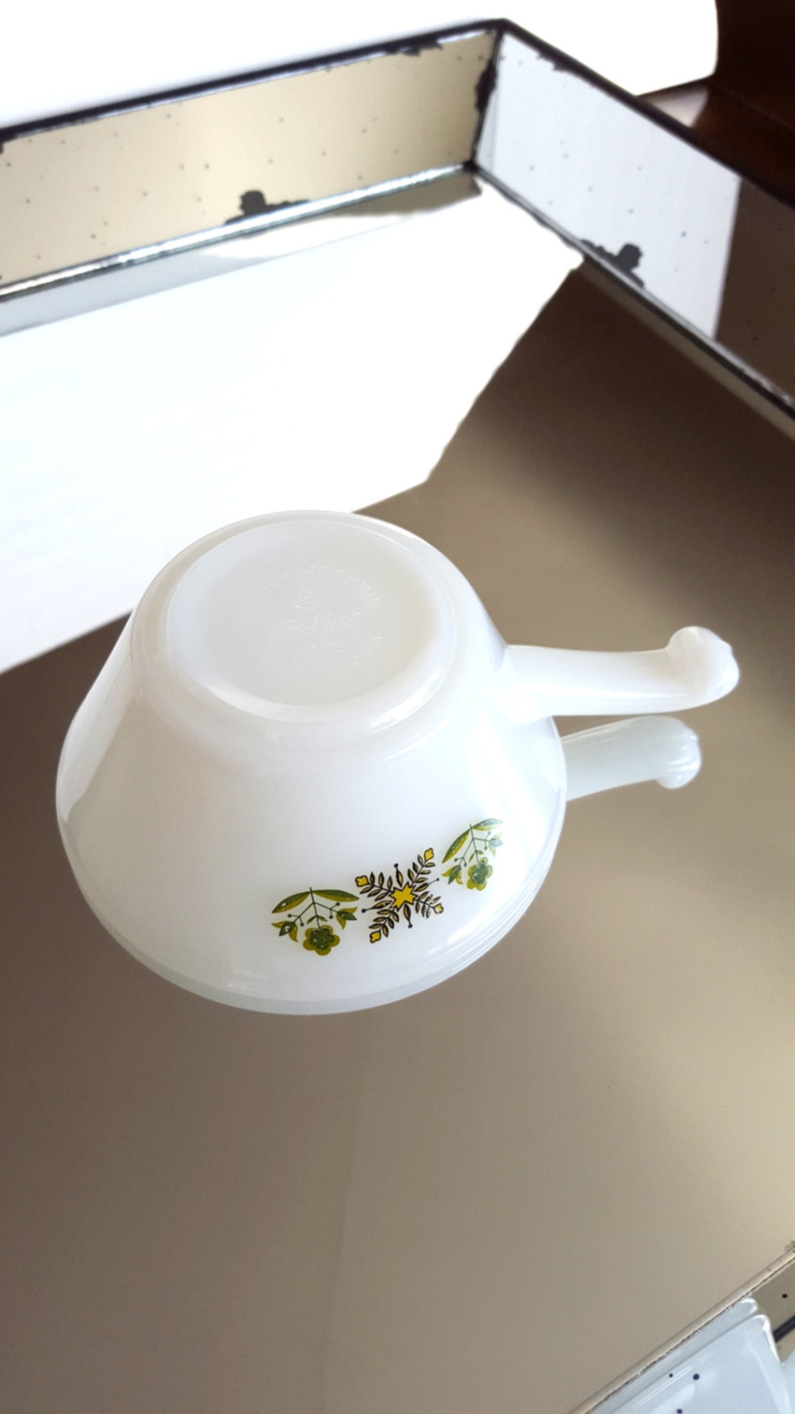 Vintage FireKing Ware Milk Glass Bowl With Handle Meadow Etsy