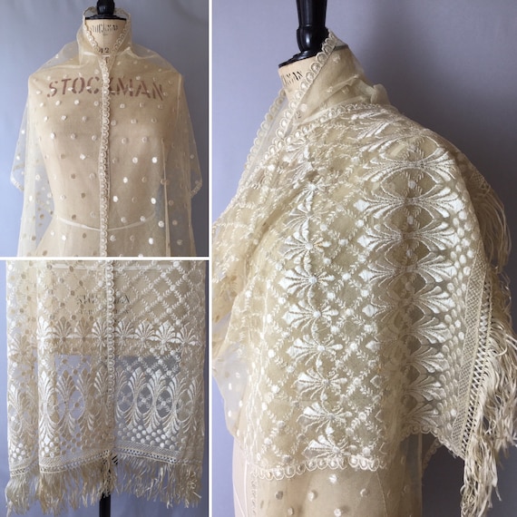 Antique Embroidered Lace Shawl, Fringed Shawl, Sil
