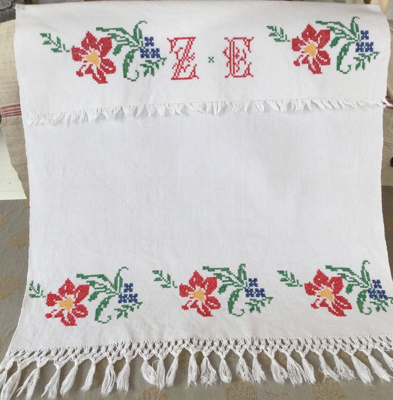 Monogram Z Hand Embroidered Towel Hungarian Linens Monogrammed Towel Fringed Towel Floral Embroidery Vintage Hungarian Towel
