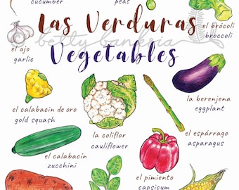 A3 Bilingual Poster, Vegetables, Verduras, Spanish, English, Educational Wall Chart, Classroom/Bedroom Decoration, Illustrated Language