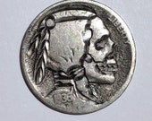 Rare 1936 D Real Hand Carved Buffalo Hobo Nickel Skull Coin - Engraving Art - Item HN19061
