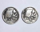 Rare 2pc Lot Real Hand Carved Buffalo Hobo Nickel Skull Coin Set - Unsigned Engraving Art - Item HN19064
