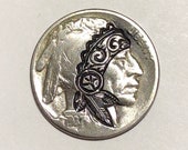 Rare 1937 Real Hand Carved Buffalo Hobo Nickel Coin - Native American Headband Art - Perfect for Jewelry or Novelty - Item HN18026